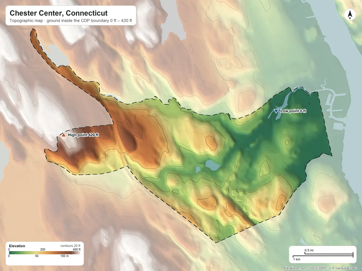 Topographic elevation map of Chester Center, Connecticut, shaded from 0 ft on the northeast side to 420 ft on the west side