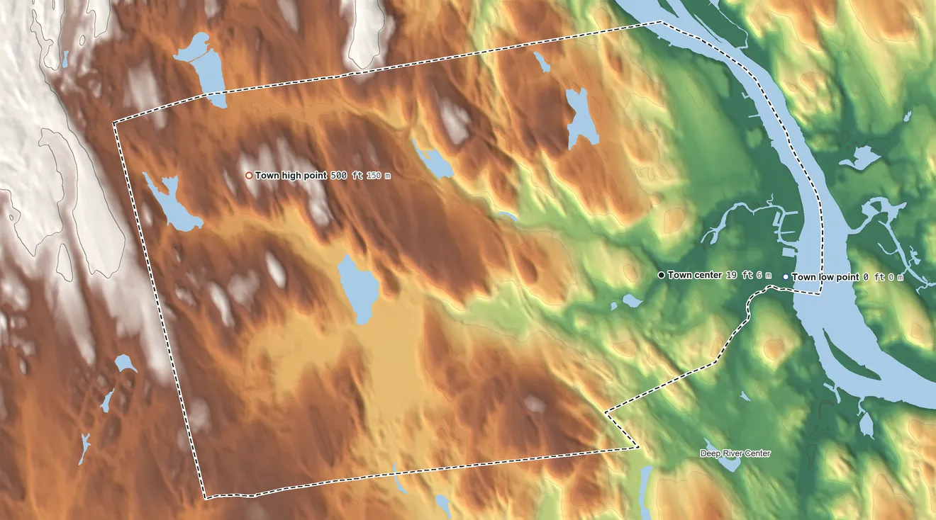 Topographic elevation map of Chester, Connecticut, shaded from 0 ft on the east side to 500 ft on the west side