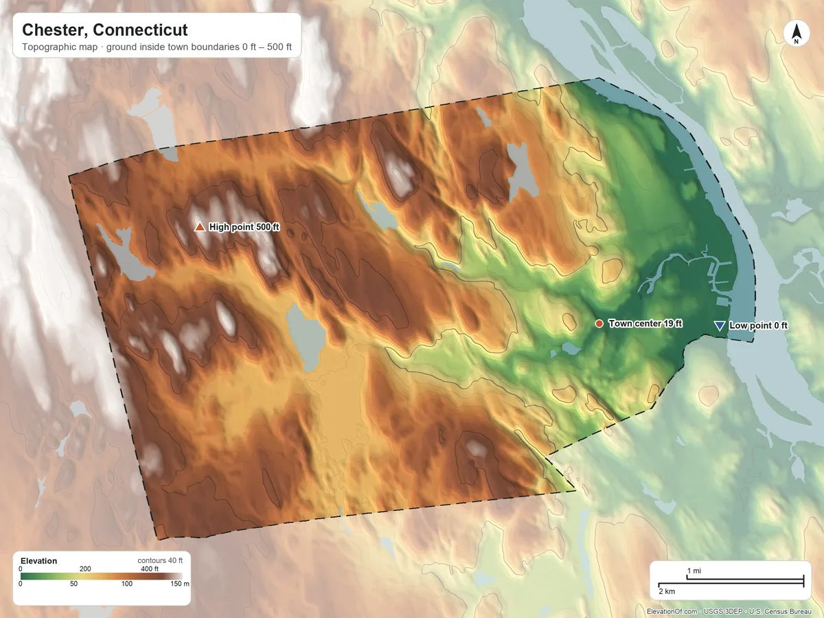Topographic elevation map of Chester, Connecticut, shaded from 0 ft on the east side to 500 ft on the west side