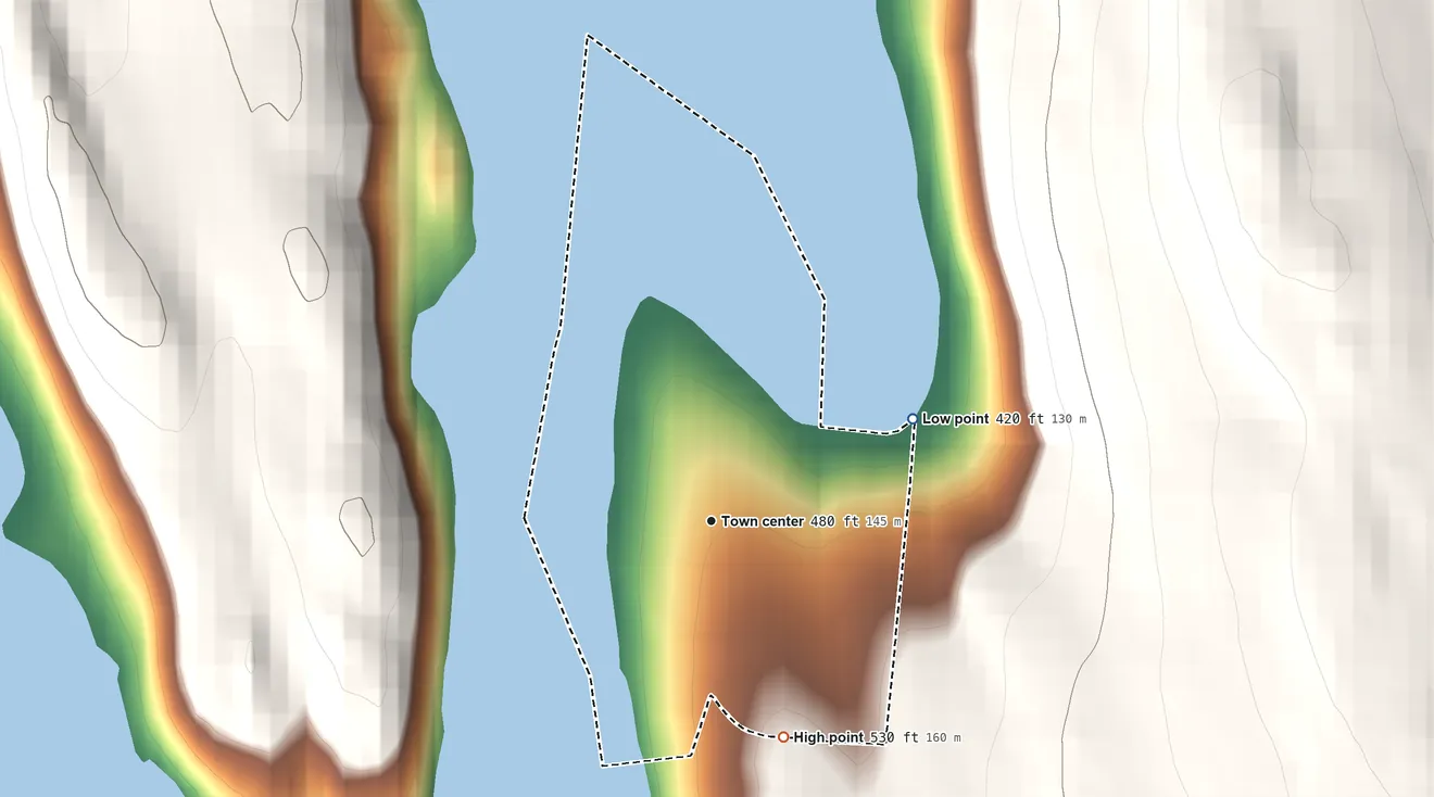 Topographic elevation map of Chimney Point, Connecticut, shaded from 420 ft on the northeast side to 530 ft on the south edge, below higher ground just outside
