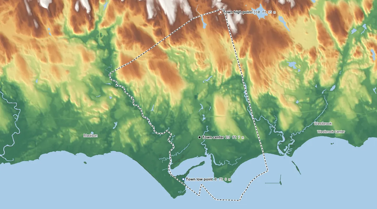 Topographic elevation map of Clinton, Connecticut, shaded from sea level level on Long Island Sound to 310 ft on the north side