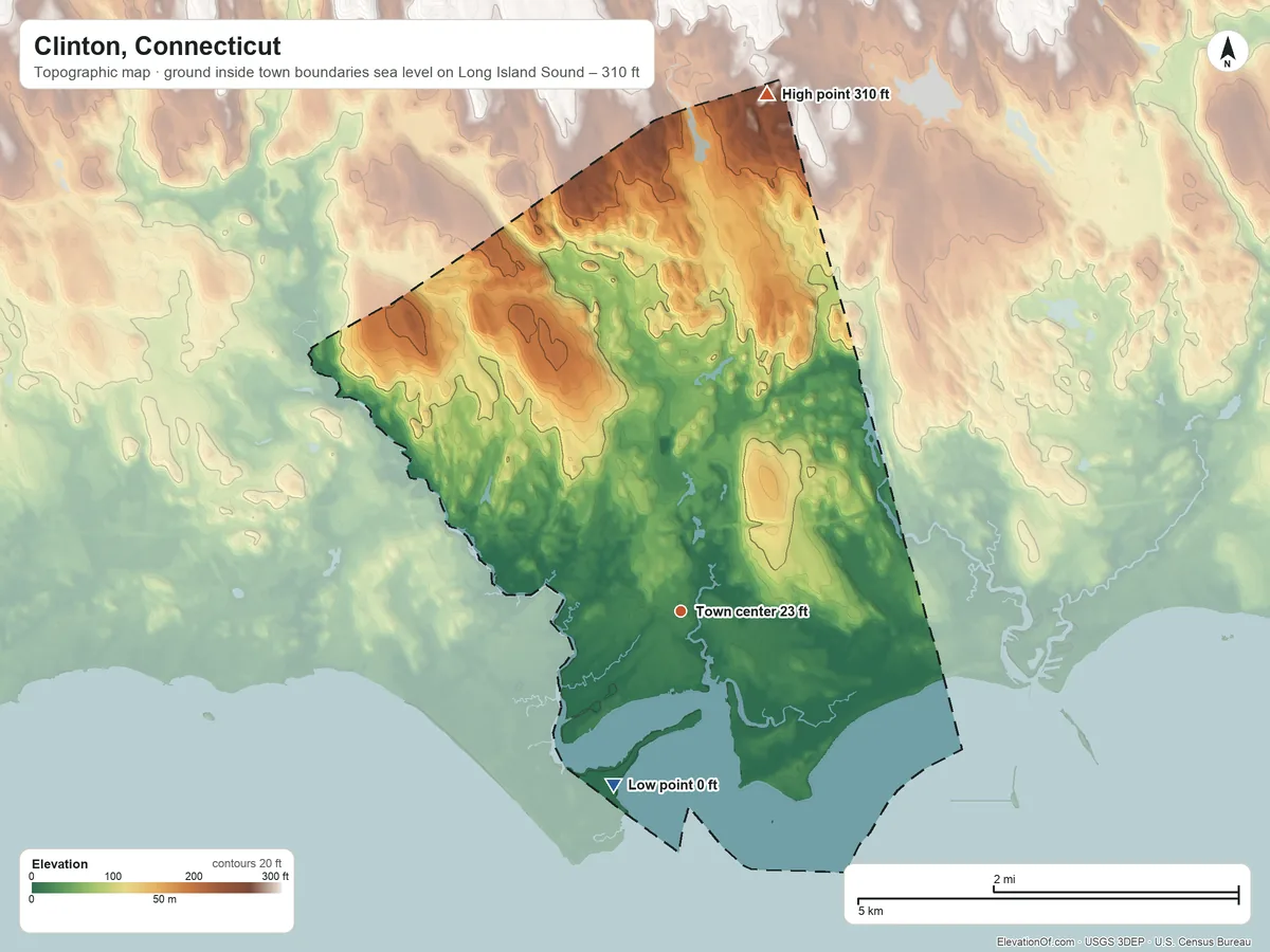 Topographic elevation map of Clinton, Connecticut, shaded from sea level level on Long Island Sound to 310 ft on the north side