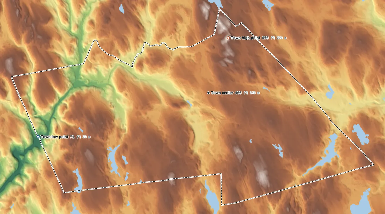 Topographic elevation map of Colchester, Connecticut, shaded from 71 ft on the west side to 650 ft on the north side