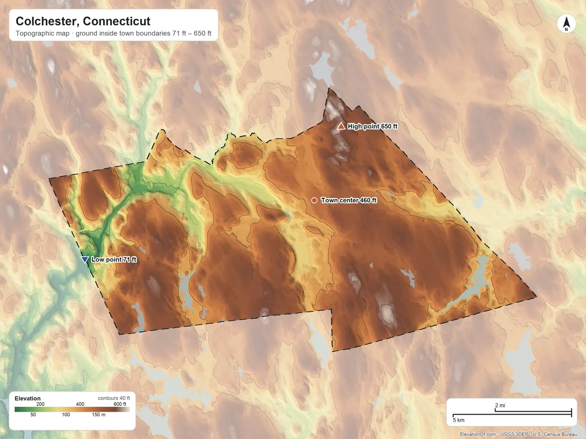 Topographic elevation map of Colchester, Connecticut, shaded from 71 ft on the west side to 650 ft on the north side
