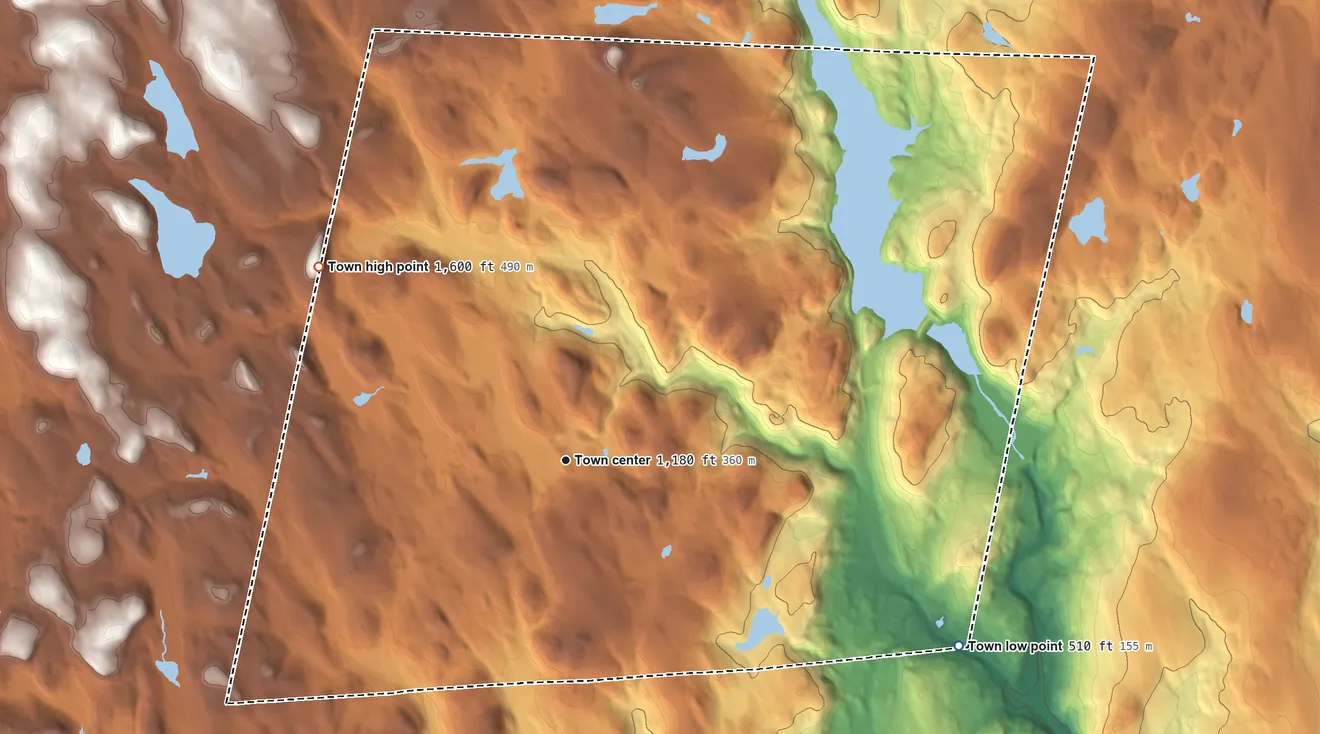 Topographic elevation map of Colebrook, Connecticut, shaded from 510 ft on the southeast side to 1,600 ft on the northwest side