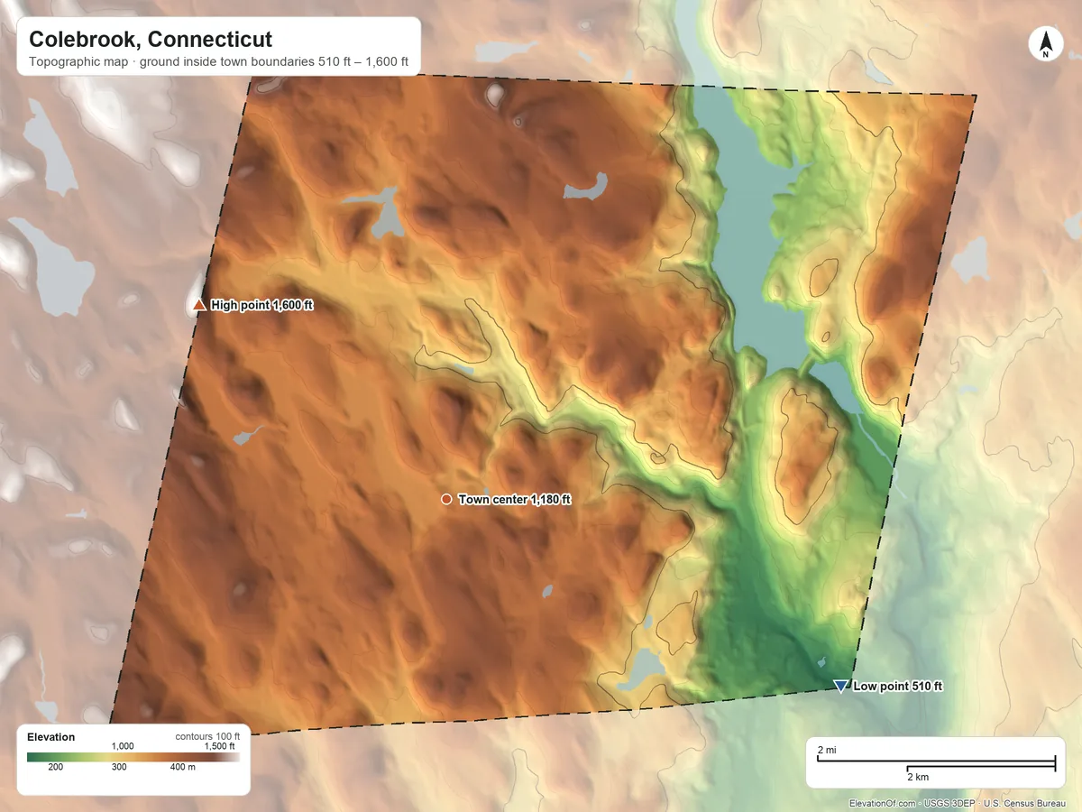 Topographic elevation map of Colebrook, Connecticut, shaded from 510 ft on the southeast side to 1,600 ft on the northwest side