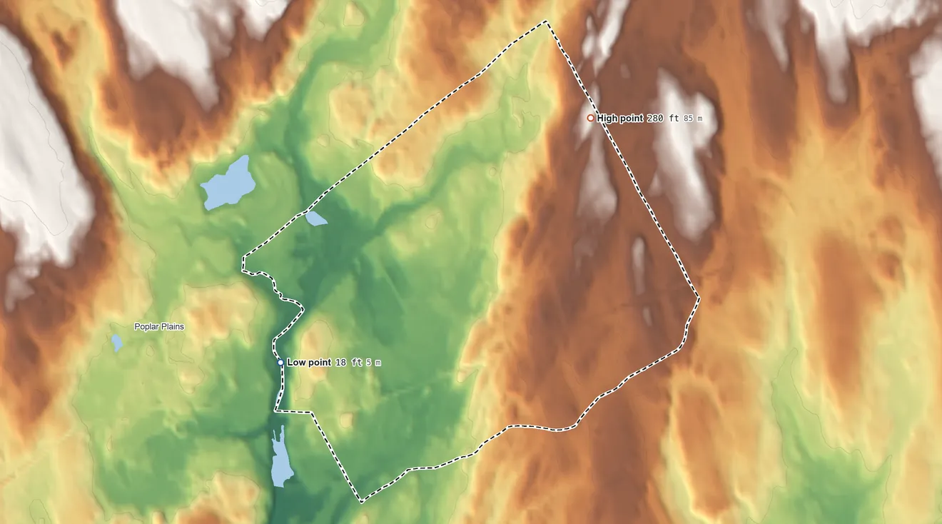 Topographic elevation map of Coleytown, Connecticut, shaded from 18 ft on the west side to 280 ft on the northeast side