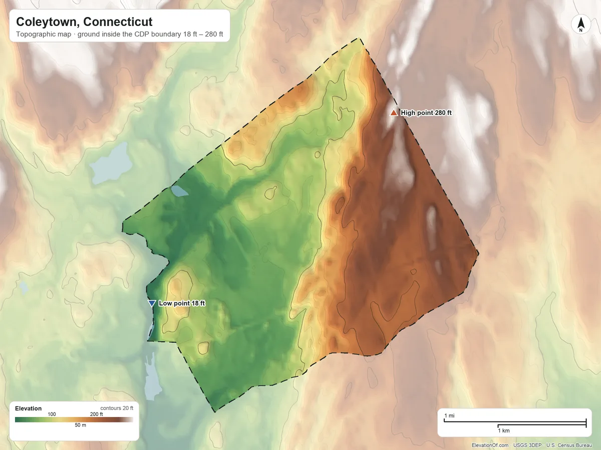 Topographic elevation map of Coleytown, Connecticut, shaded from 18 ft on the west side to 280 ft on the northeast side