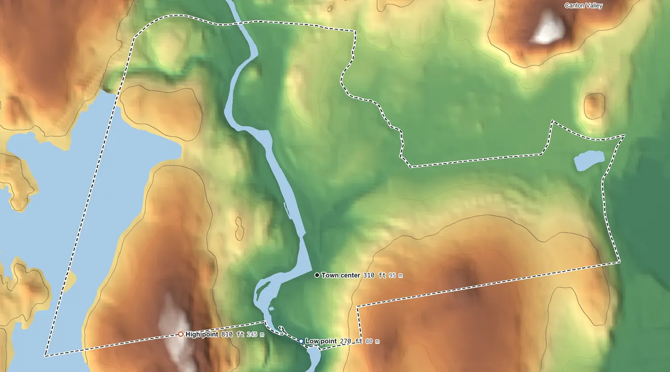 Topographic elevation map of Collinsville, Connecticut, shaded from 270 ft on the south side to 810 ft on Sweetheart Mountain