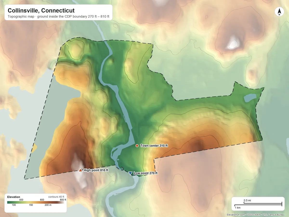 Topographic elevation map of Collinsville, Connecticut, shaded from 270 ft on the south side to 810 ft on Sweetheart Mountain