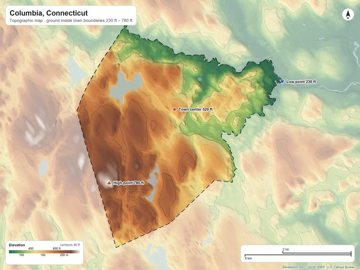 Topographic elevation map of Columbia, Connecticut, shaded from 230 ft on the east side to 780 ft on Post Hill