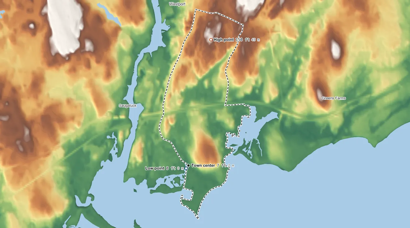 Topographic elevation map of Compo, Connecticut, shaded from sea level level on the Holly Pond to 150 ft on the north side