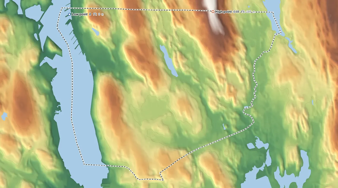 Topographic elevation map of Conning Towers-Nautilus Park, Connecticut, shaded from sea level level on Smith Cove to 340 ft on the northeast edge, below higher ground just outside