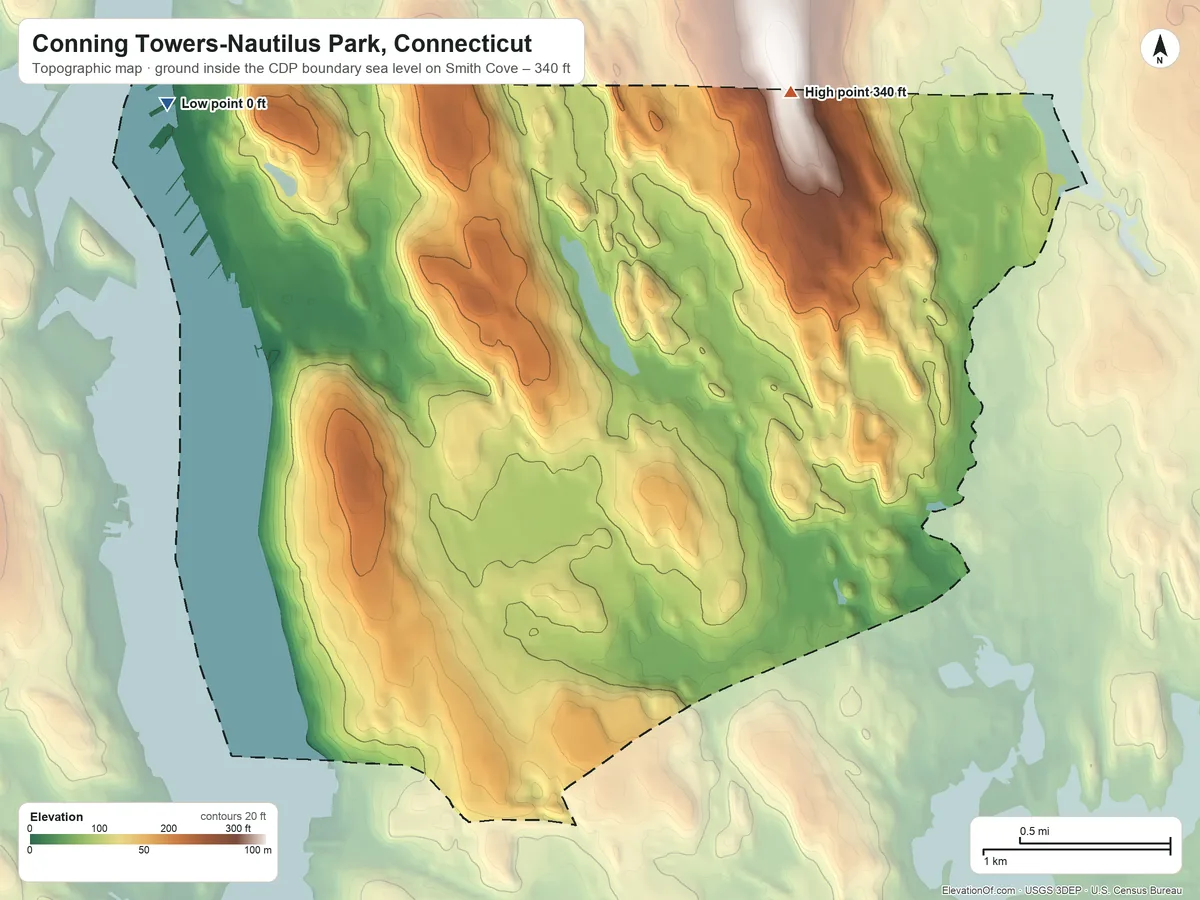 Topographic elevation map of Conning Towers-Nautilus Park, Connecticut, shaded from sea level level on Smith Cove to 340 ft on the northeast edge, below higher ground just outside