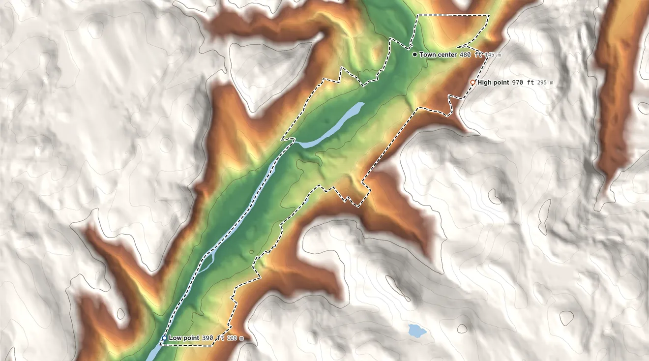 Topographic elevation map of Cornwall Bridge, Connecticut, shaded from 390 ft on the southwest side to 970 ft on the southeast edge, below higher ground just outside
