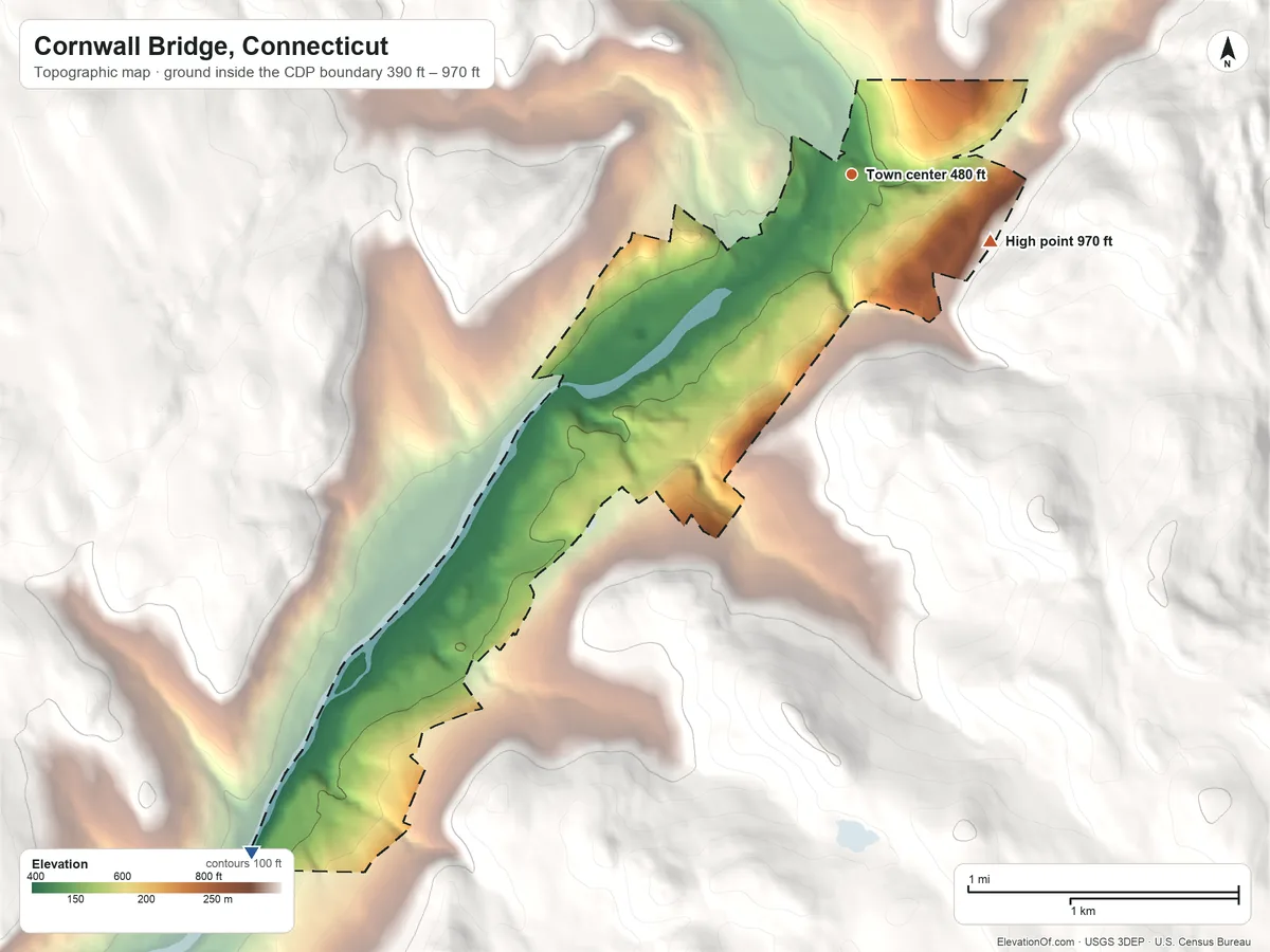 Topographic elevation map of Cornwall Bridge, Connecticut, shaded from 390 ft on the southwest side to 970 ft on the southeast edge, below higher ground just outside