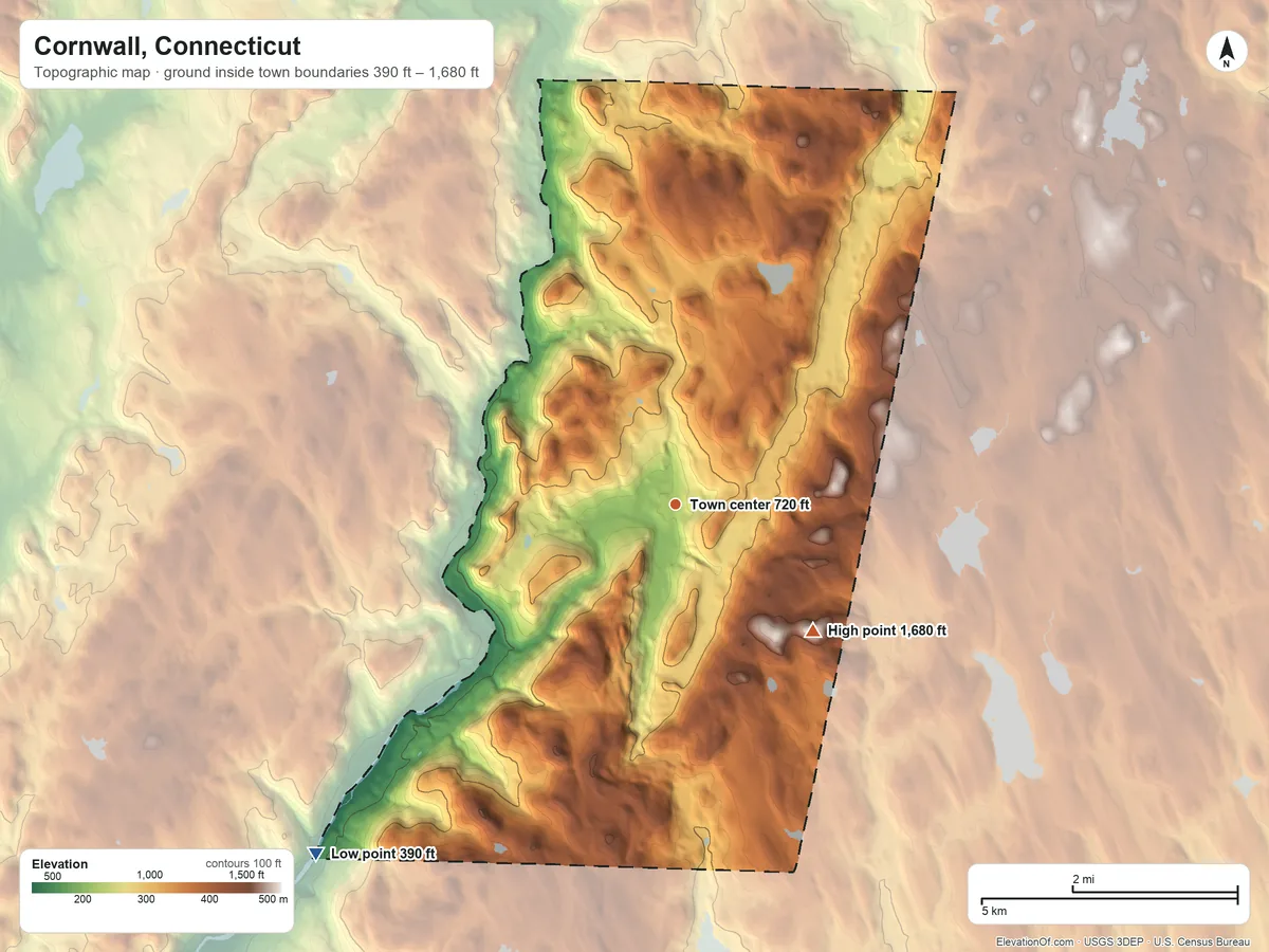Topographic elevation map of Cornwall, Connecticut, shaded from 390 ft on the southwest side to 1,680 ft on Mohawk Mountain