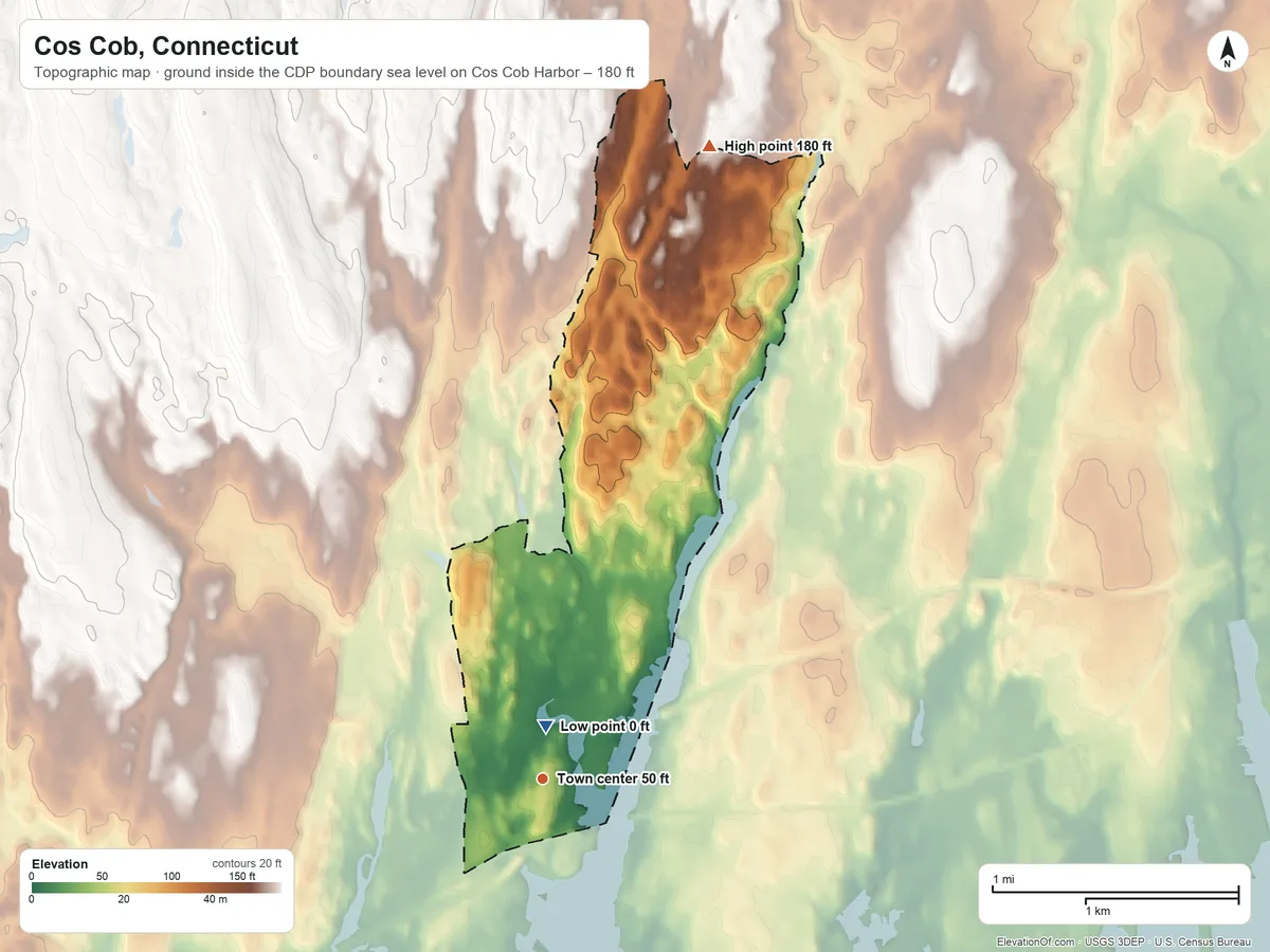 Topographic elevation map of Cos Cob, Connecticut, shaded from sea level level on Cos Cob Harbor to 180 ft on the north side