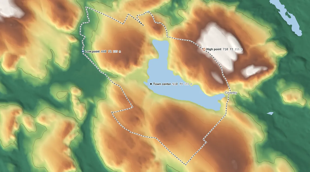 Topographic elevation map of Coventry Lake, Connecticut, shaded from 440 ft on the northwest side to 710 ft on the northeast side