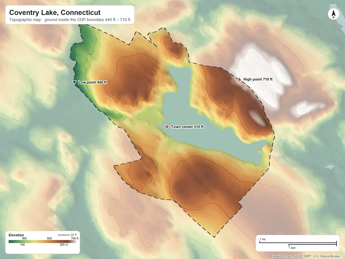 Topographic elevation map of Coventry Lake, Connecticut, shaded from 440 ft on the northwest side to 710 ft on the northeast side