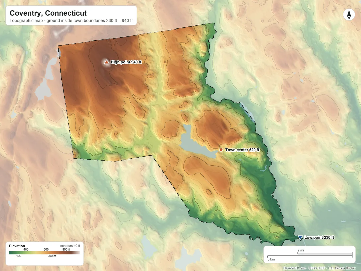 Topographic elevation map of Coventry, Connecticut, shaded from 230 ft on the southeast side to 940 ft on Grant Hill