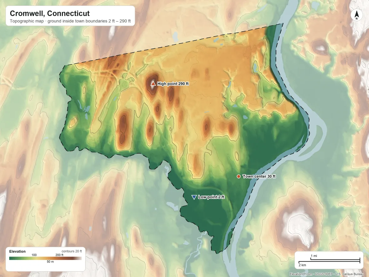 Topographic elevation map of Cromwell, Connecticut, shaded from 2 ft on the southwest side to 290 ft on the northwest side