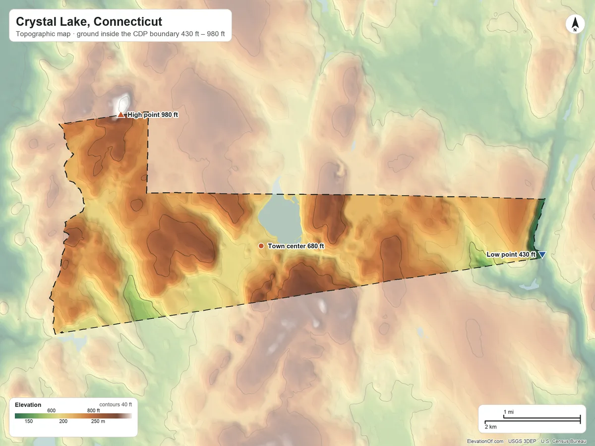 Topographic elevation map of Crystal Lake, Connecticut, shaded from 430 ft on the east side to 980 ft on the northwest edge, below higher ground just outside