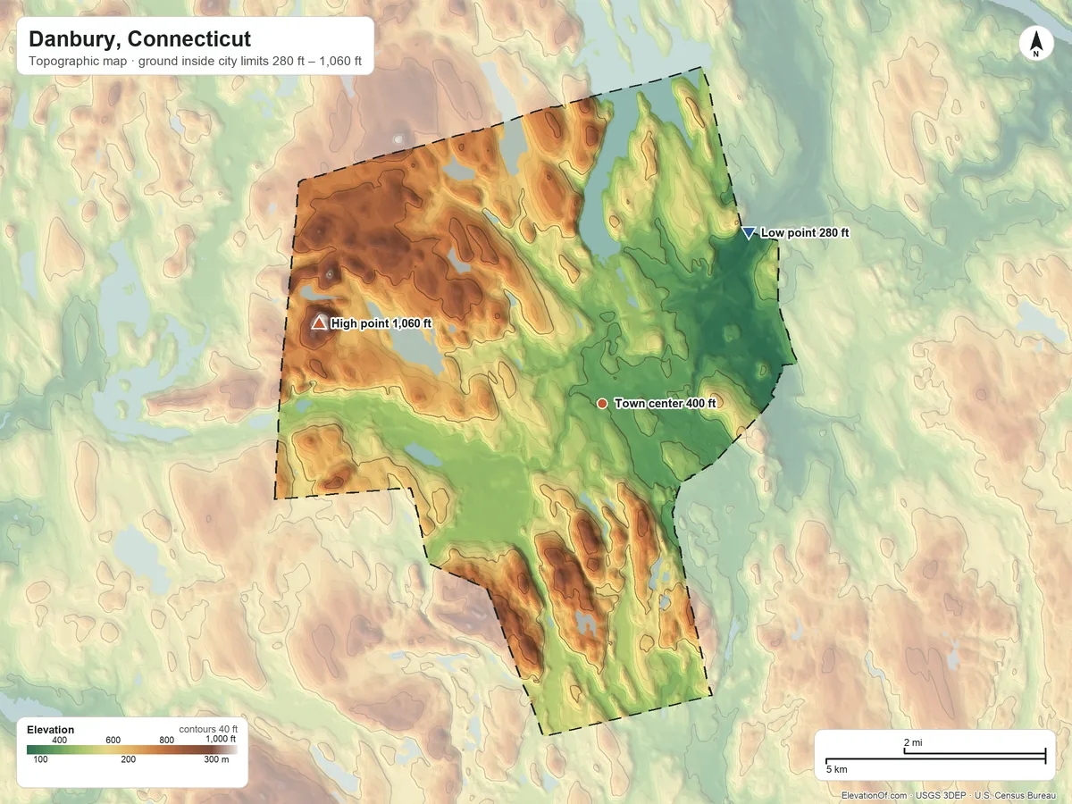 Topographic elevation map of Danbury, Connecticut, shaded from 280 ft on the northeast side to 1,060 ft on the west side