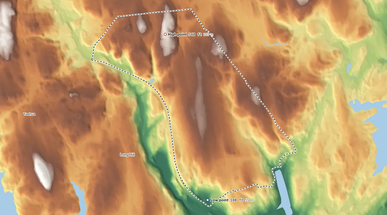 Topographic elevation map of Daniels Farm, Connecticut, shaded from 180 ft on the south side to 540 ft on the northwest side