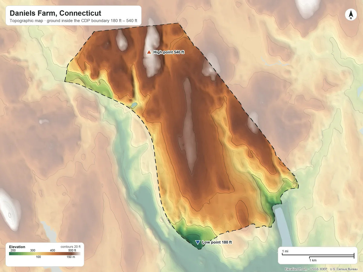 Topographic elevation map of Daniels Farm, Connecticut, shaded from 180 ft on the south side to 540 ft on the northwest side