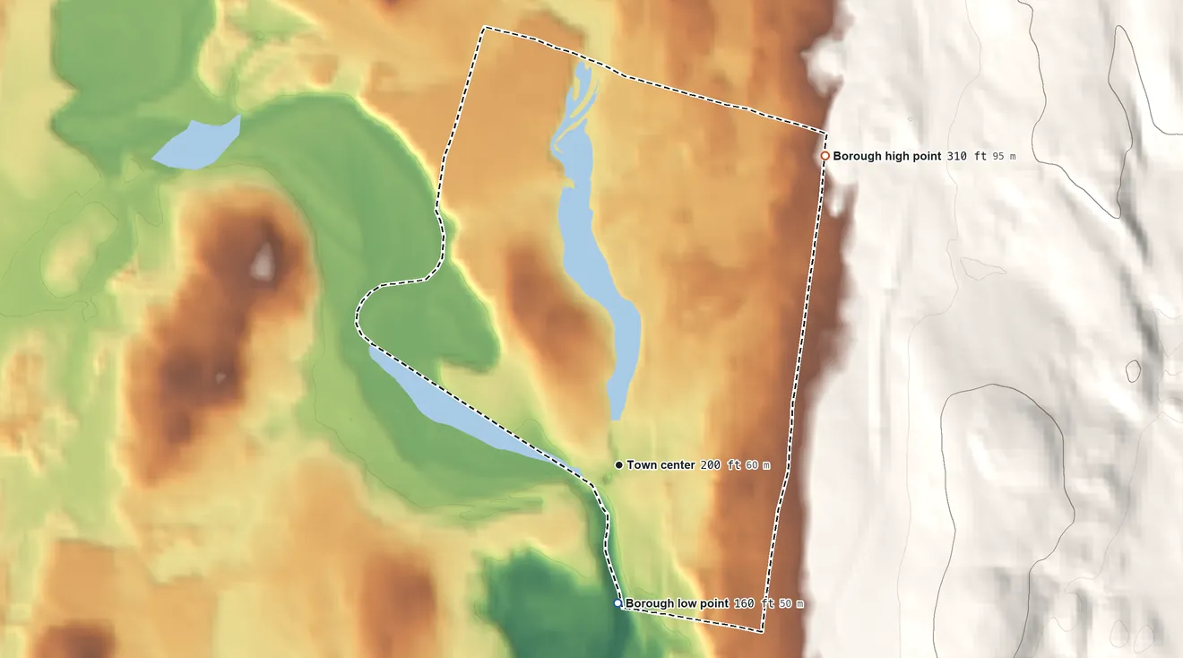 Topographic elevation map of Danielson, Connecticut, shaded from 160 ft on the south side to 310 ft on the northeast edge, below higher ground just outside