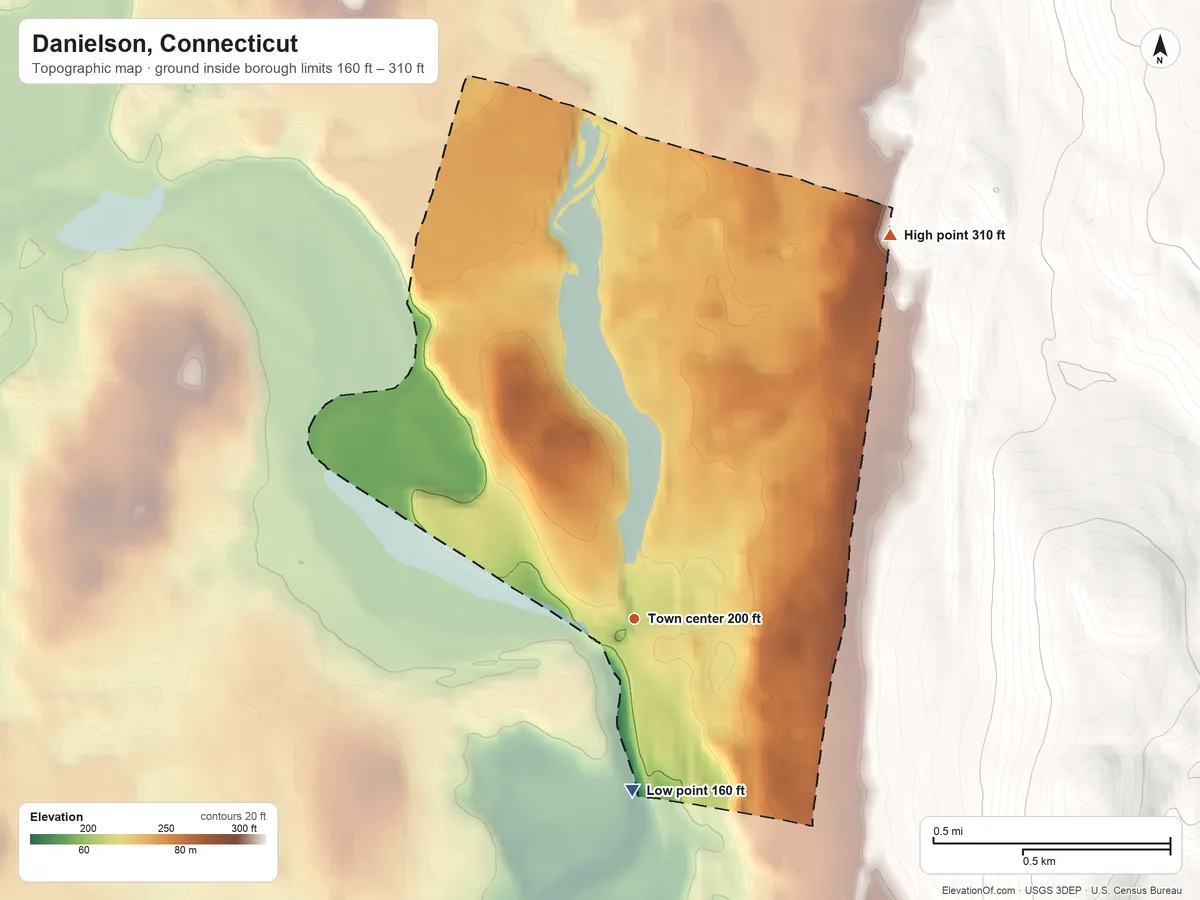 Topographic elevation map of Danielson, Connecticut, shaded from 160 ft on the south side to 310 ft on the northeast edge, below higher ground just outside