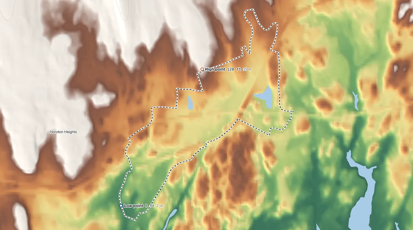 Topographic elevation map of Darien Downtown, Connecticut, shaded from 8 ft on the southwest side to 120 ft on the north side