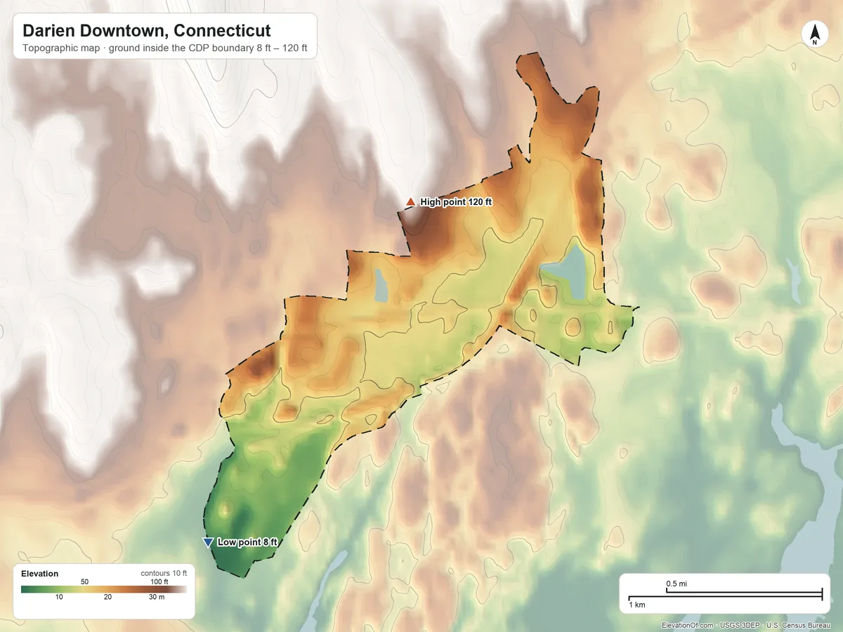 Topographic elevation map of Darien Downtown, Connecticut, shaded from 8 ft on the southwest side to 120 ft on the north side