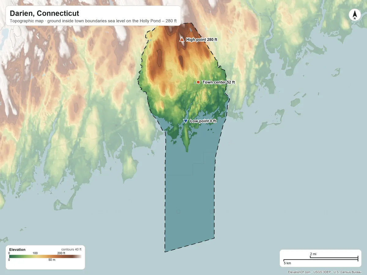 Topographic elevation map of Darien, Connecticut, shaded from sea level level on the Holly Pond to 280 ft on the north side
