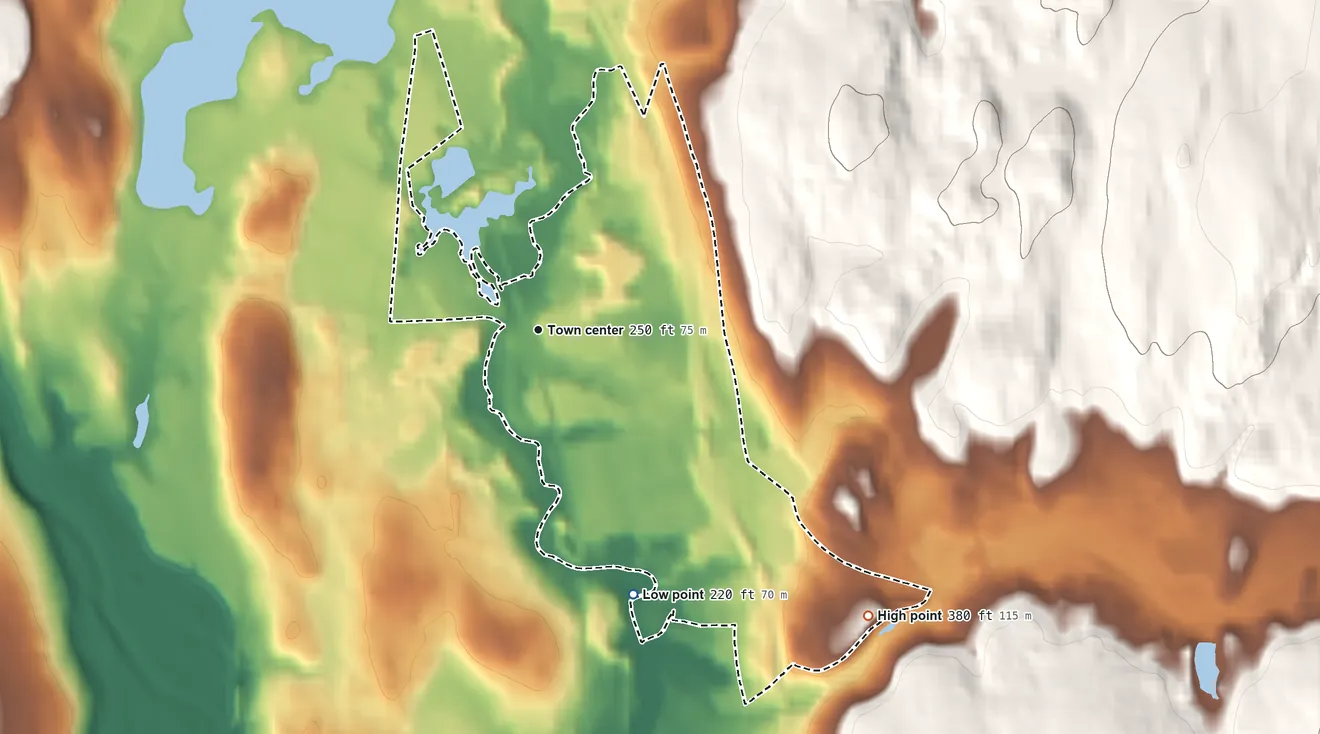 Topographic elevation map of Dayville, Connecticut, shaded from 220 ft on the south side to 380 ft on the southeast side