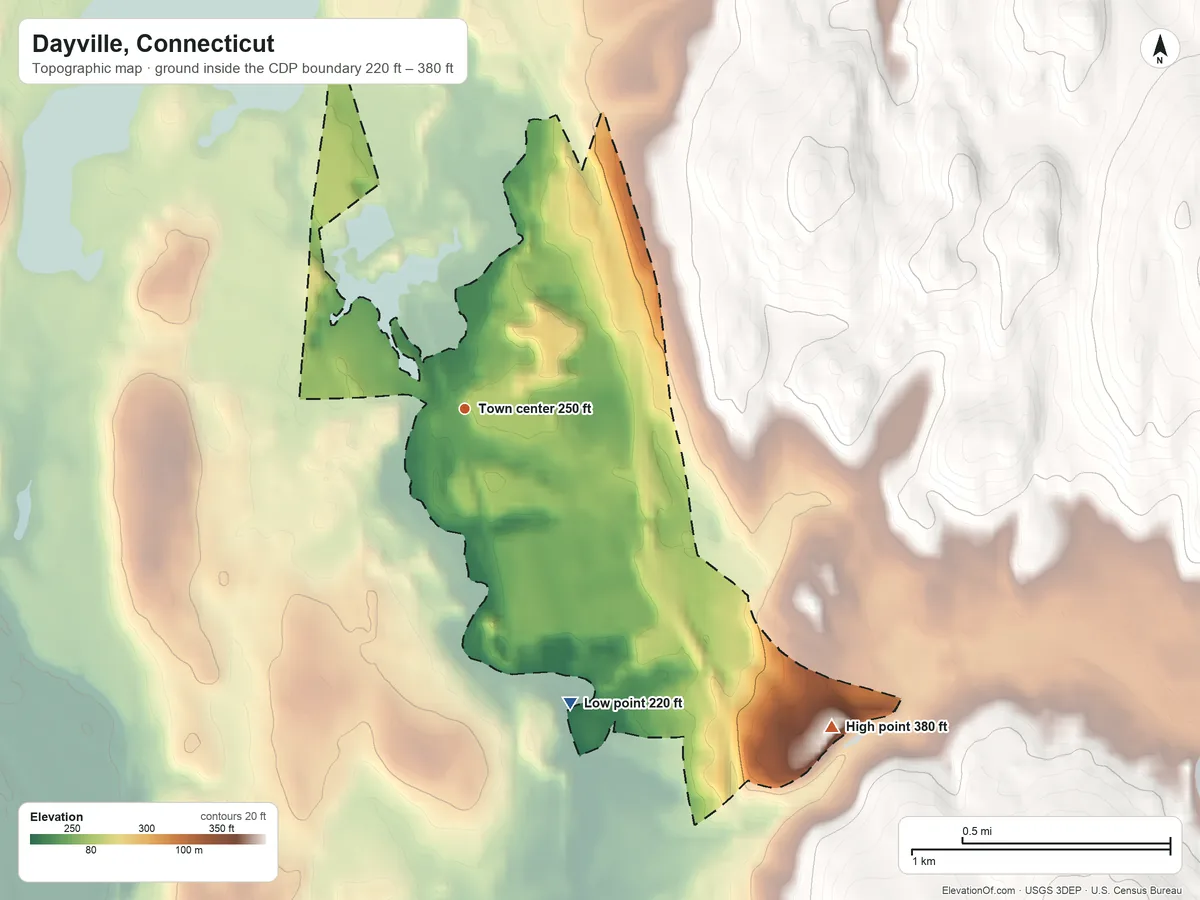 Topographic elevation map of Dayville, Connecticut, shaded from 220 ft on the south side to 380 ft on the southeast side