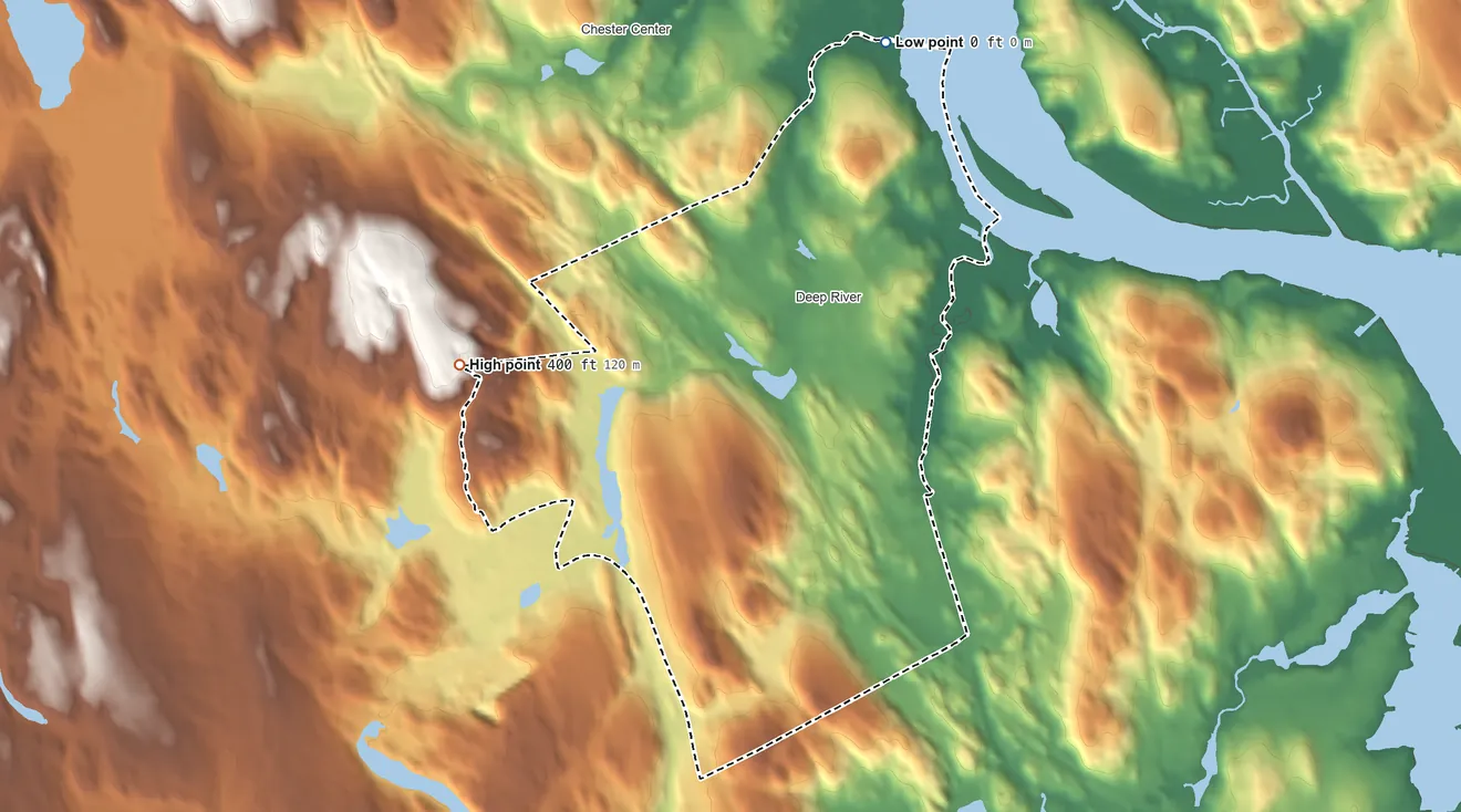Topographic elevation map of Deep River Center, Connecticut, shaded from 0 ft on the north side to 400 ft on the west side