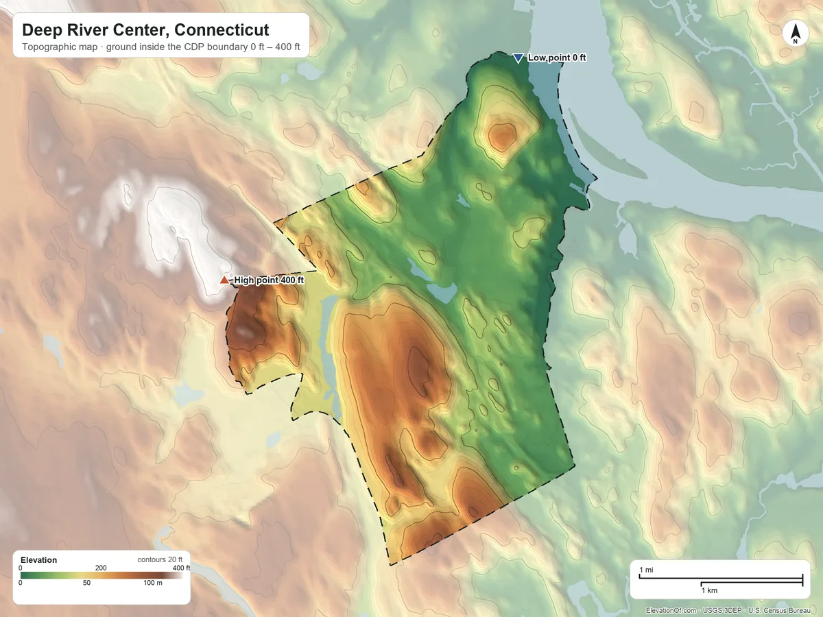 Topographic elevation map of Deep River Center, Connecticut, shaded from 0 ft on the north side to 400 ft on the west side