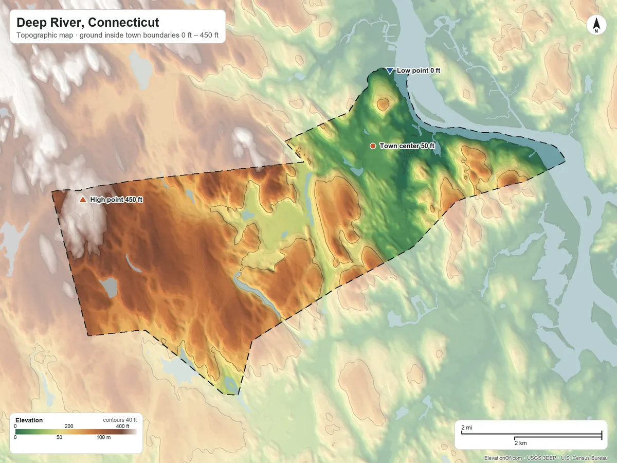 Topographic elevation map of Deep River, Connecticut, shaded from 0 ft on the north side to 450 ft on the west side