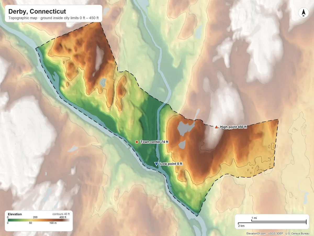 Topographic elevation map of Derby, Connecticut, shaded from 0 ft near the middle to 450 ft on the east edge, below higher ground just outside