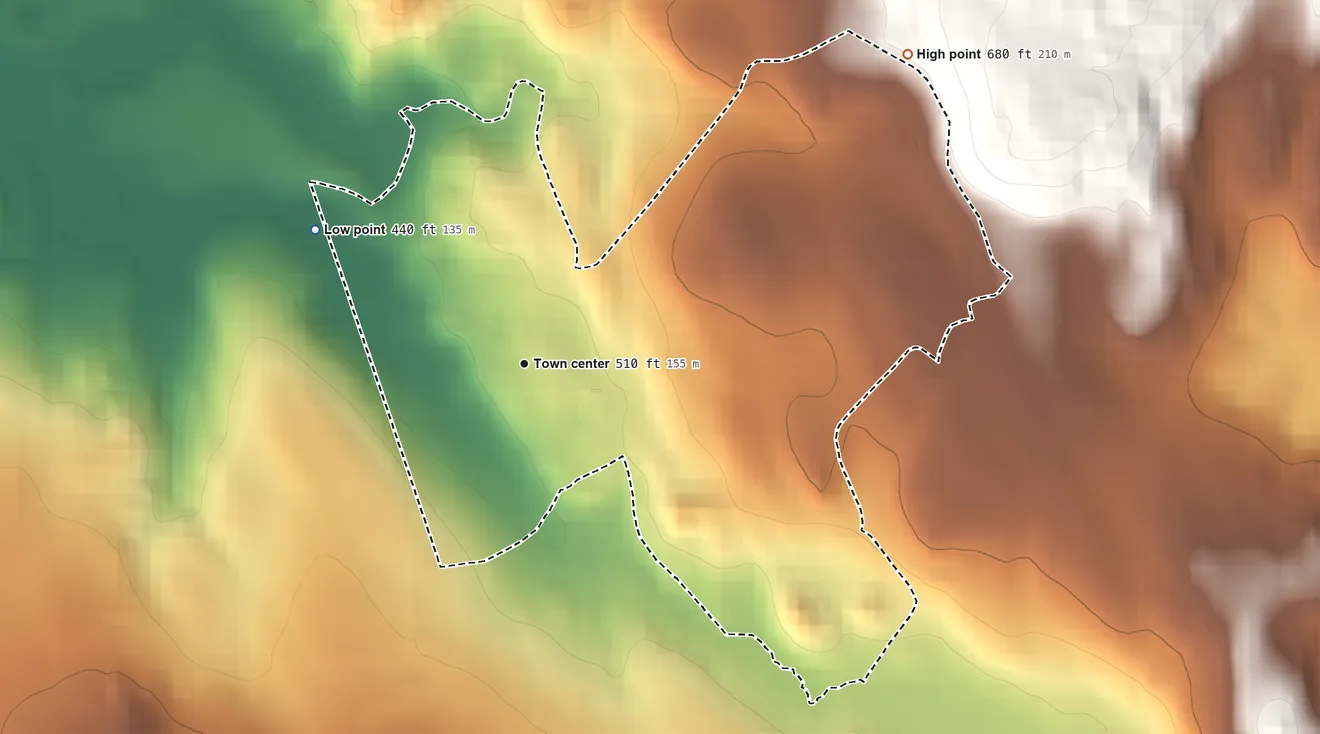 Topographic elevation map of Dodgingtown, Connecticut, shaded from 440 ft on the northwest side to 680 ft on the northeast side