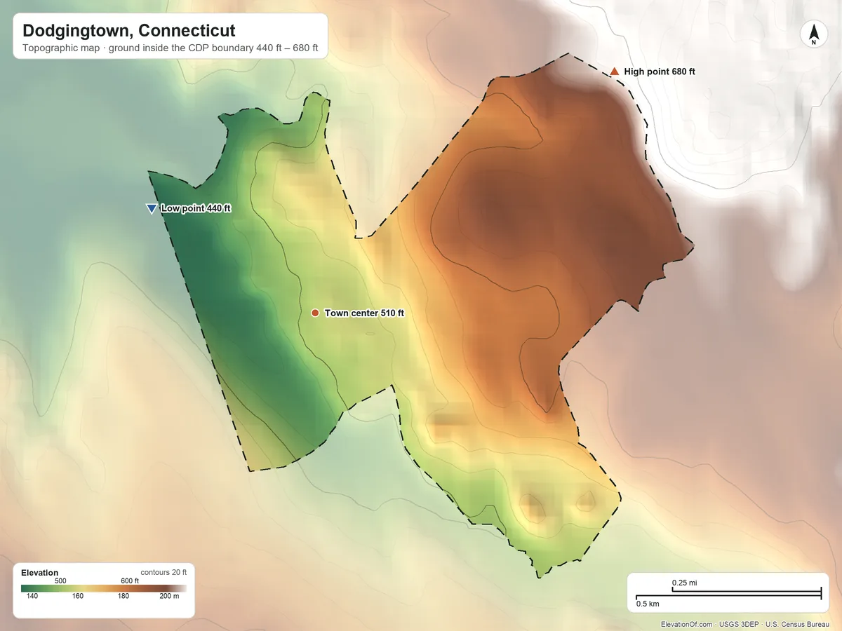 Topographic elevation map of Dodgingtown, Connecticut, shaded from 440 ft on the northwest side to 680 ft on the northeast side