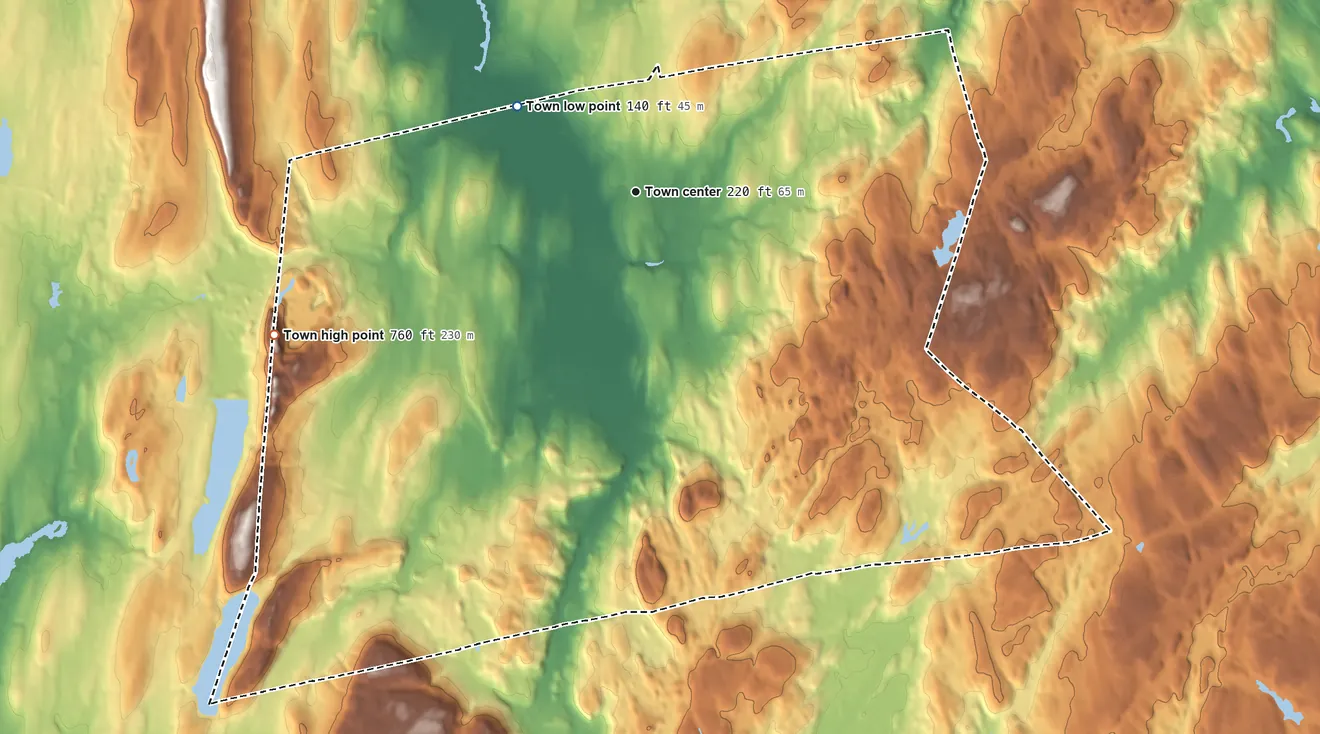 Topographic elevation map of Durham, Connecticut, shaded from 140 ft on the northwest side to 760 ft on the west side