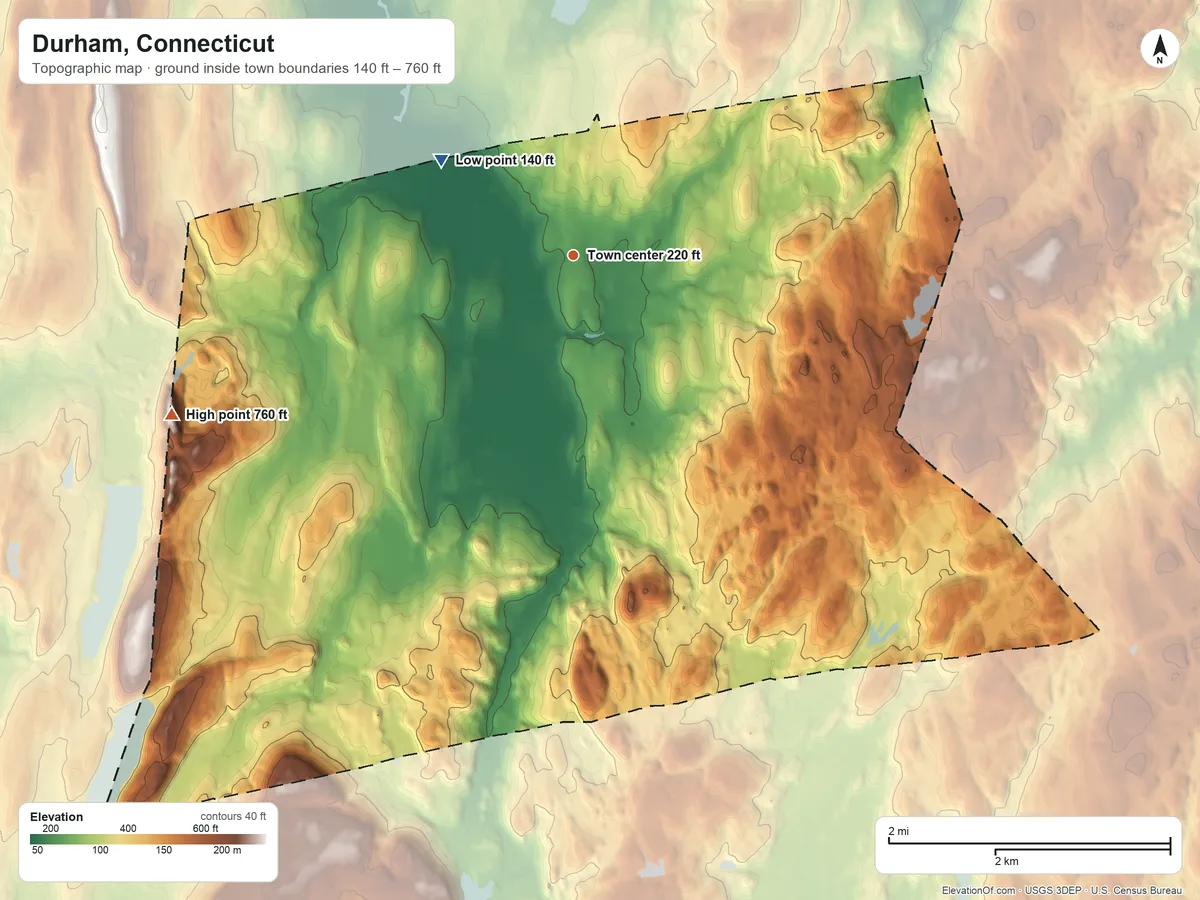 Topographic elevation map of Durham, Connecticut, shaded from 140 ft on the northwest side to 760 ft on the west side