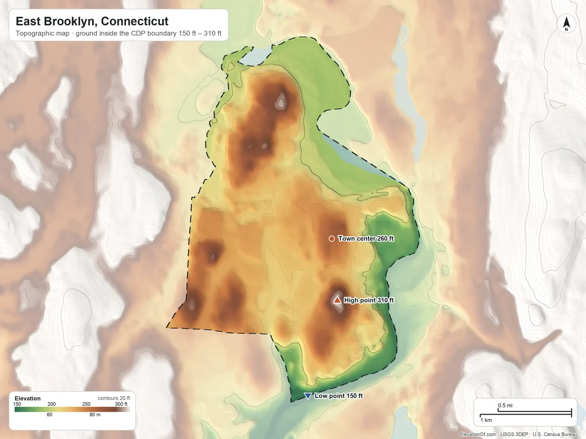 Topographic elevation map of East Brooklyn, Connecticut, shaded from 150 ft on the south side to 310 ft on the south side