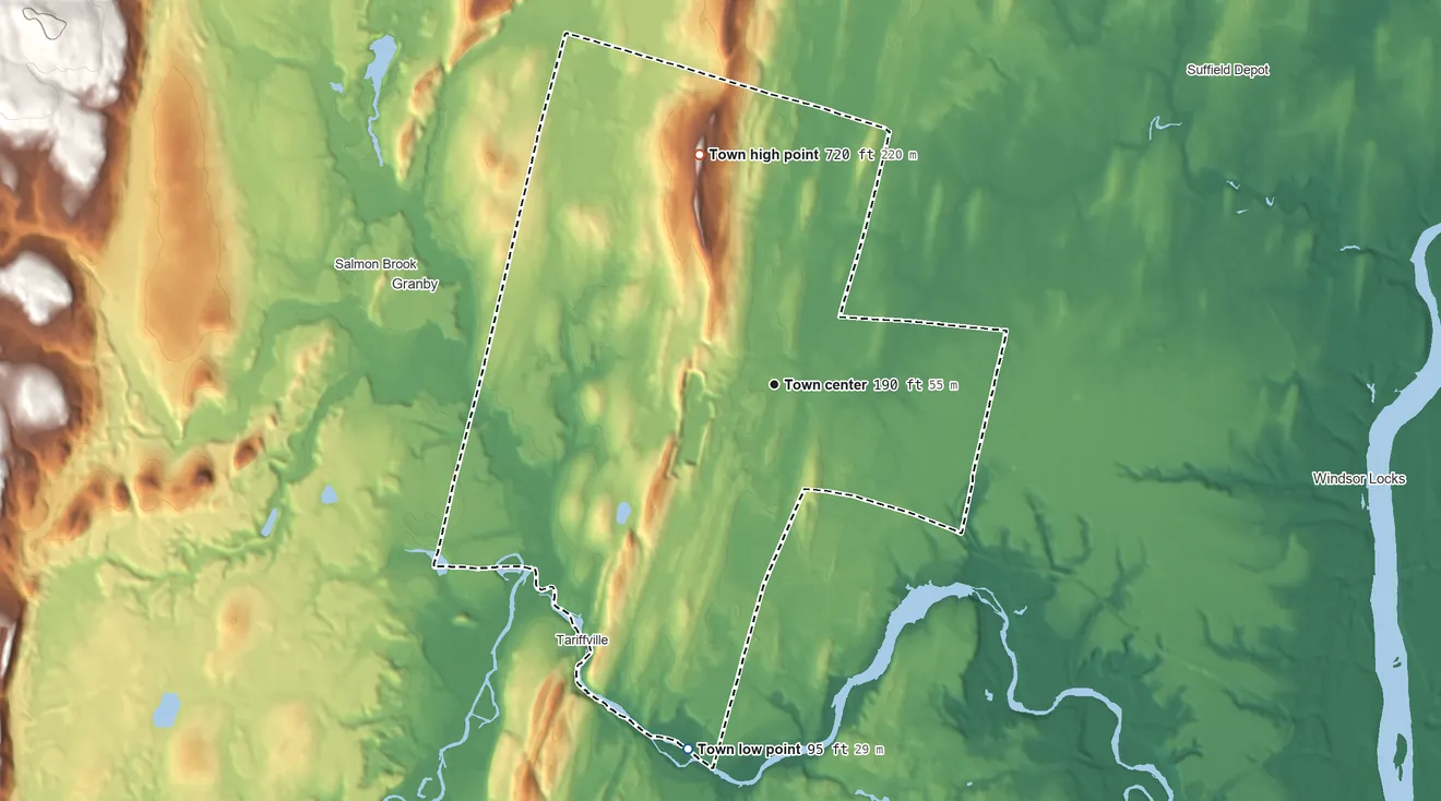 Topographic elevation map of East Granby, Connecticut, shaded from 95 ft on the south side to 720 ft on Peak Mountain