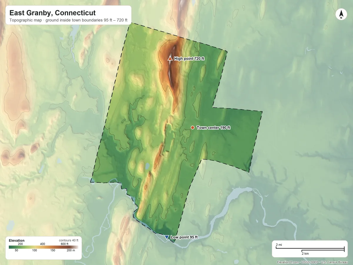 Topographic elevation map of East Granby, Connecticut, shaded from 95 ft on the south side to 720 ft on Peak Mountain