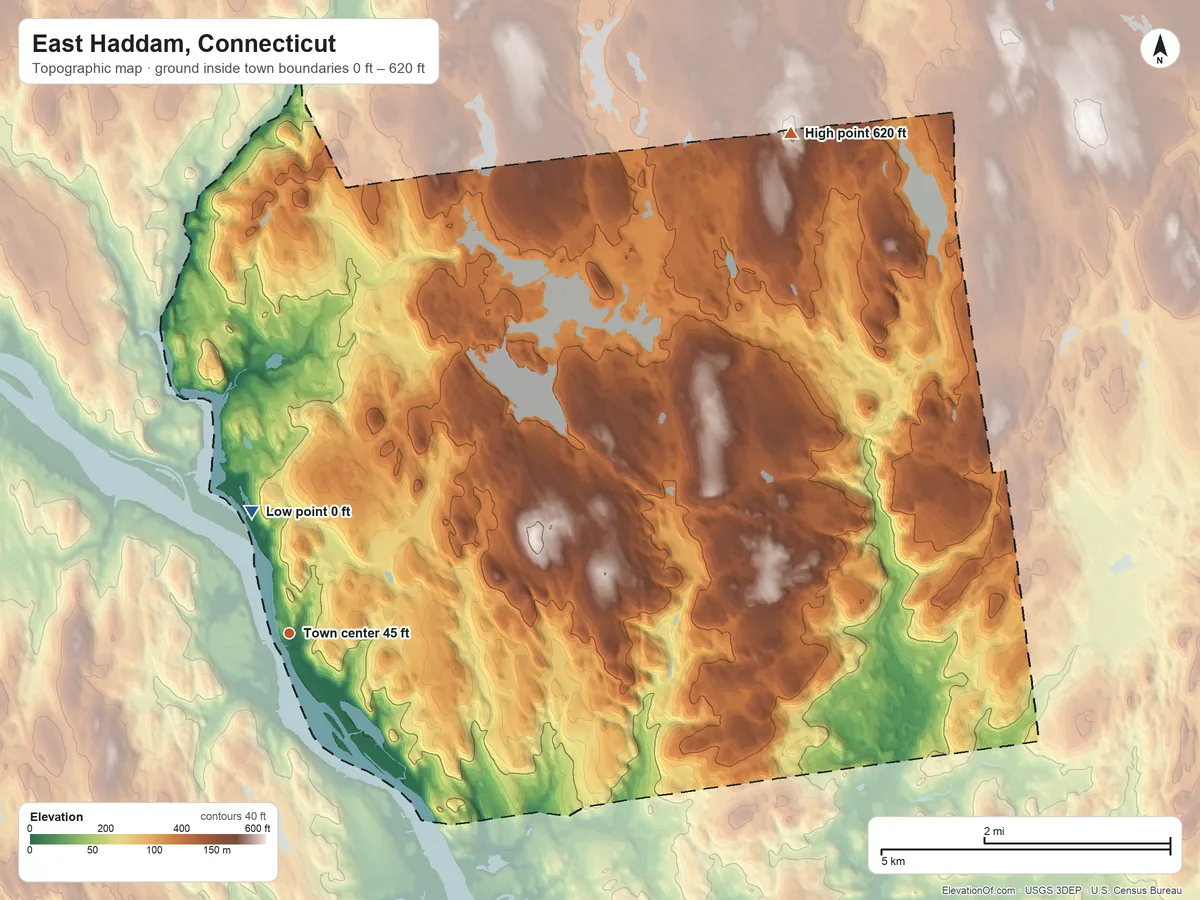Topographic elevation map of East Haddam, Connecticut, shaded from 0 ft on the north side to 620 ft on the northeast side