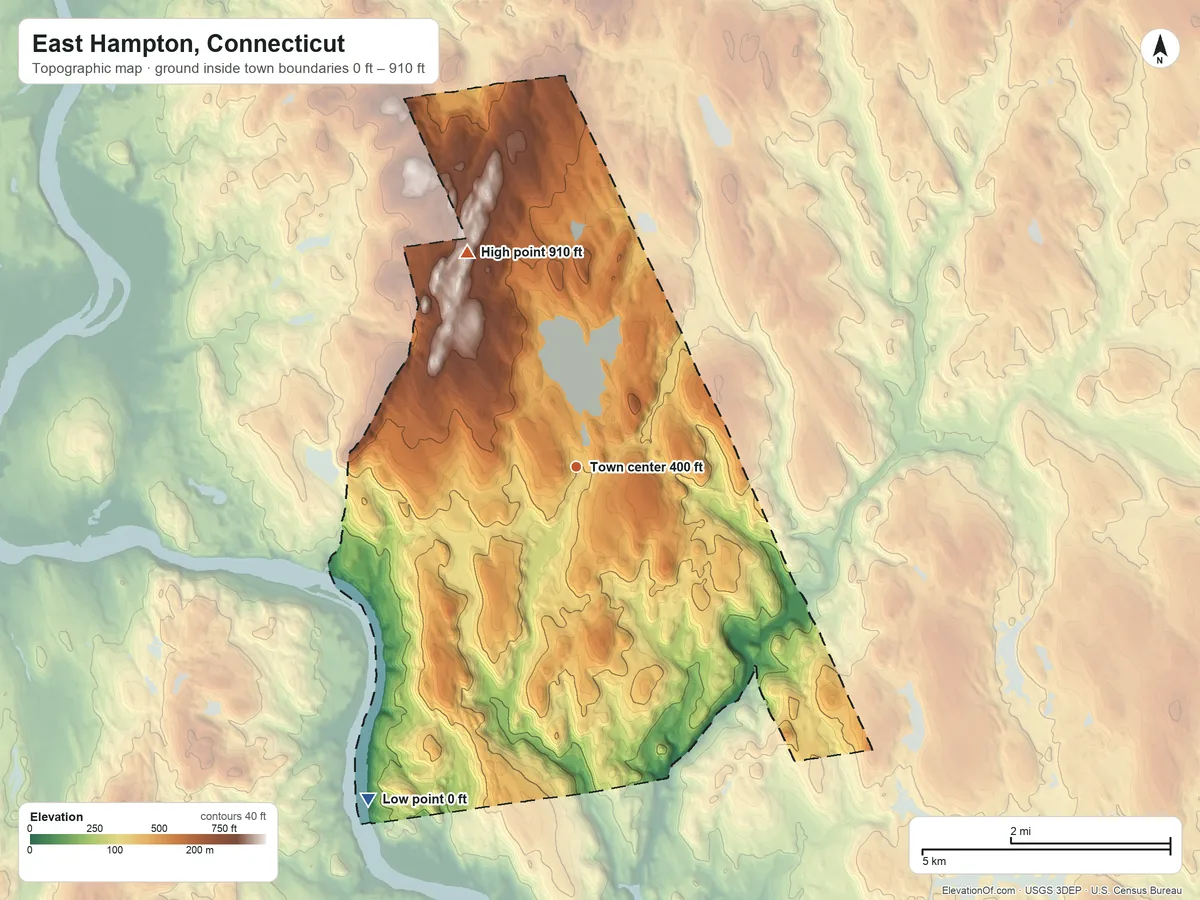 Topographic elevation map of East Hampton, Connecticut, shaded from 0 ft on the southwest side to 910 ft on the northwest side